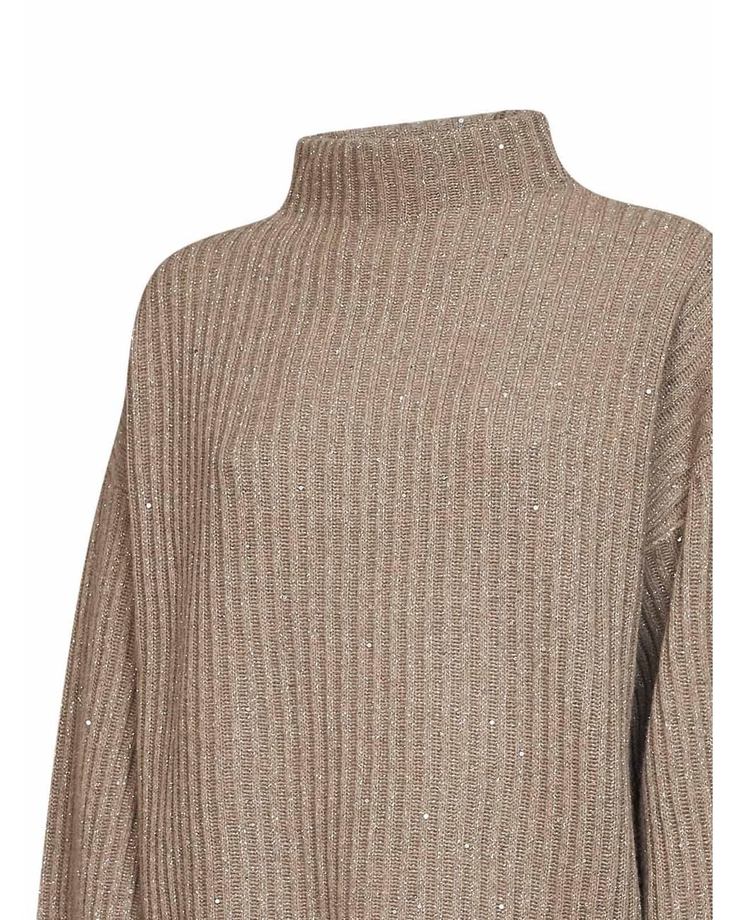 Brunello Cucinelli Brown Light Ribbed Cashmere And Wool Knit Sparkling & Dazzling Sweater