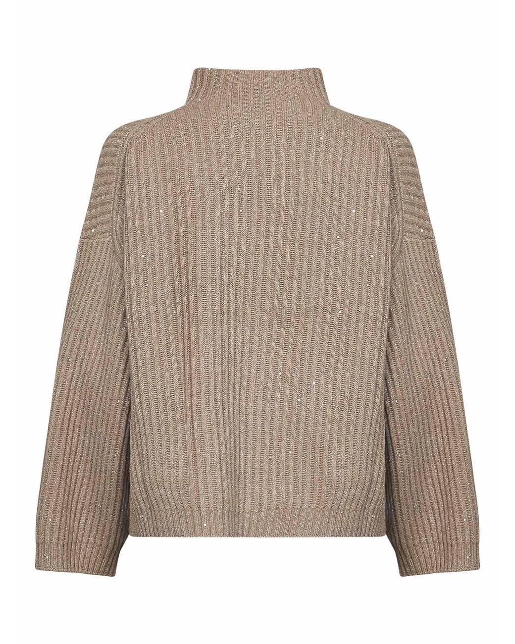 Brunello Cucinelli Brown Light Ribbed Cashmere And Wool Knit Sparkling & Dazzling Sweater