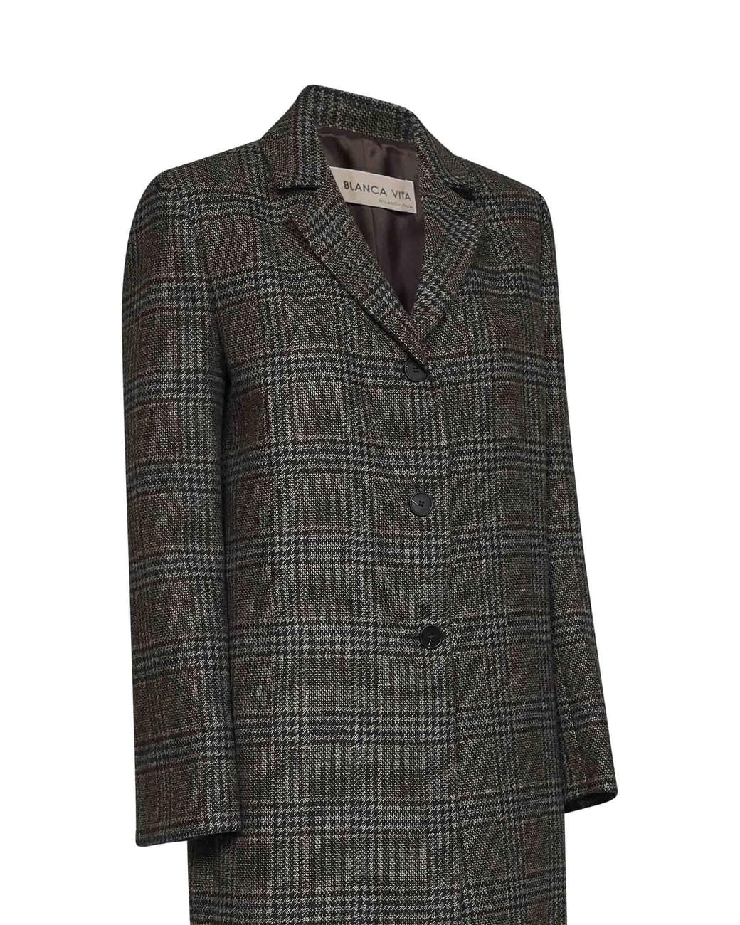 Blanca Vita Gray Prince Of Wales Check Cujten Single-Breasted Long Coat
