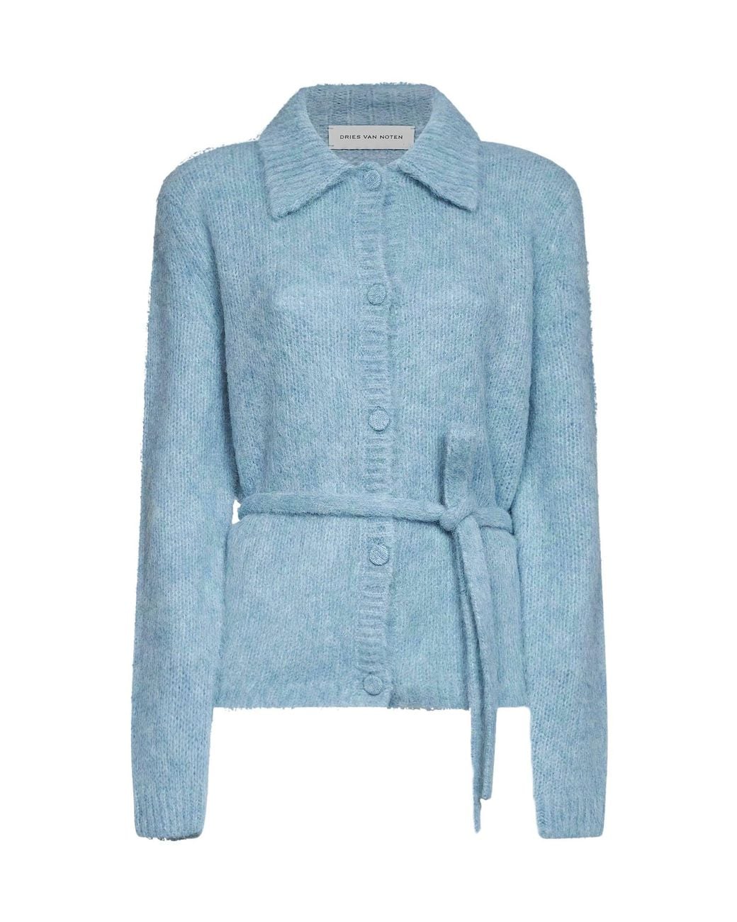 Dries Van Noten Blue Alpaca Blend Toco Belted Polo-Style Cardigan