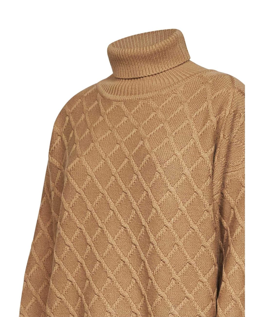 Max Mara Natural Camel Wool And Cashmere Knit Mxmbambola Oversized Turtleneck Sweater