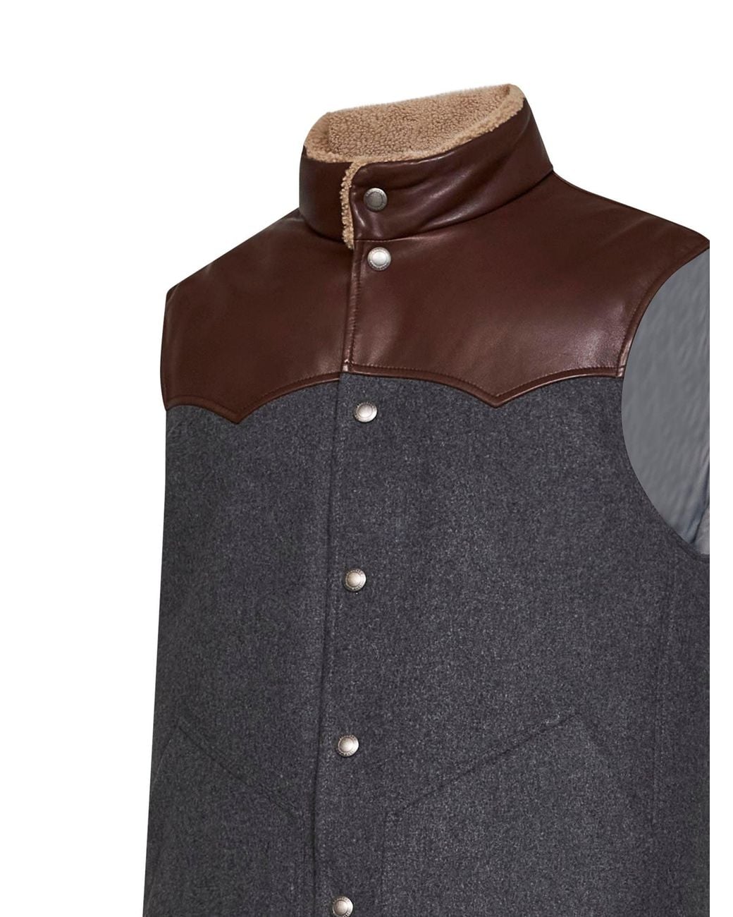 Brunello Cucinelli Brown Mid Wool Flannel Paneled Sleeveless Down Vest for men