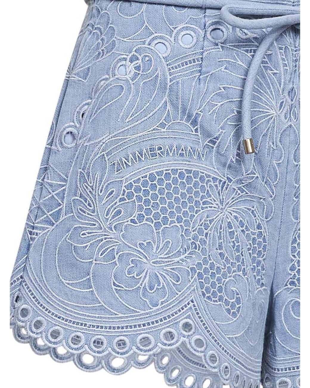 Zimmermann Blue Ice Storm Embroidered Denim Daylight Shorts