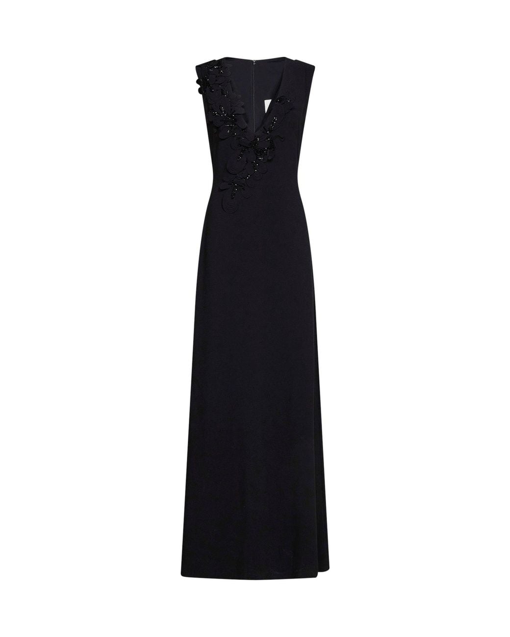Costarellos Black Crêpe Jevi Column Gown With Floral Appliqués