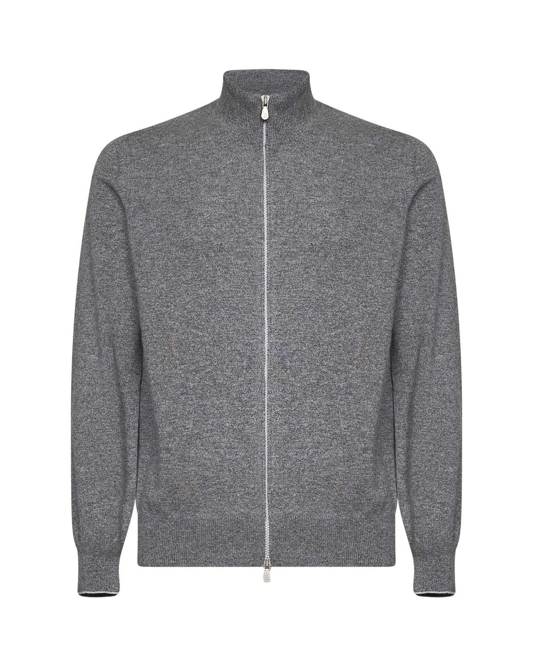 Brunello Cucinelli Gray Dark Cashmere Zip-Up High-Collar Cardigan for men