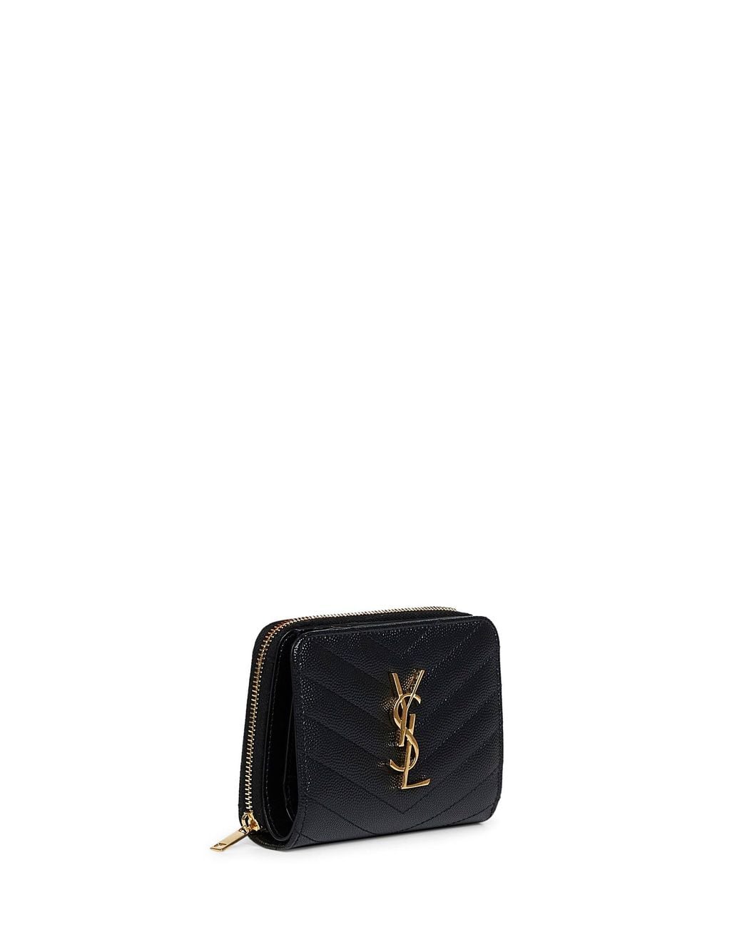 Saint Laurent Black Leather Cassandre Compact Zip Around Wallet