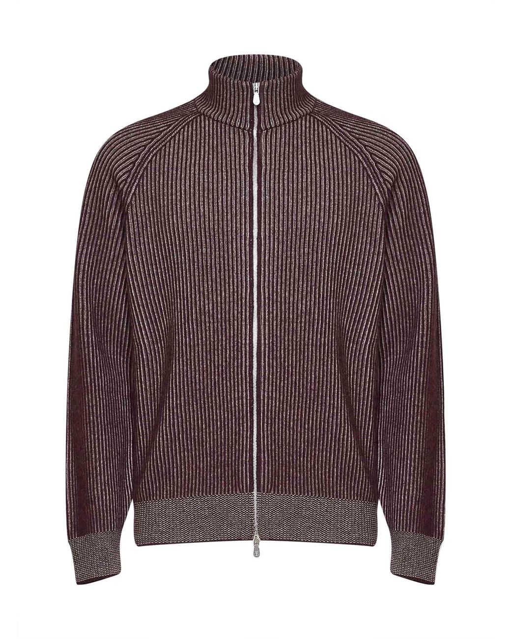 Brunello Cucinelli Brown Burgundy Cashmere Mouliné Knit Zip-Up Cardigan for men