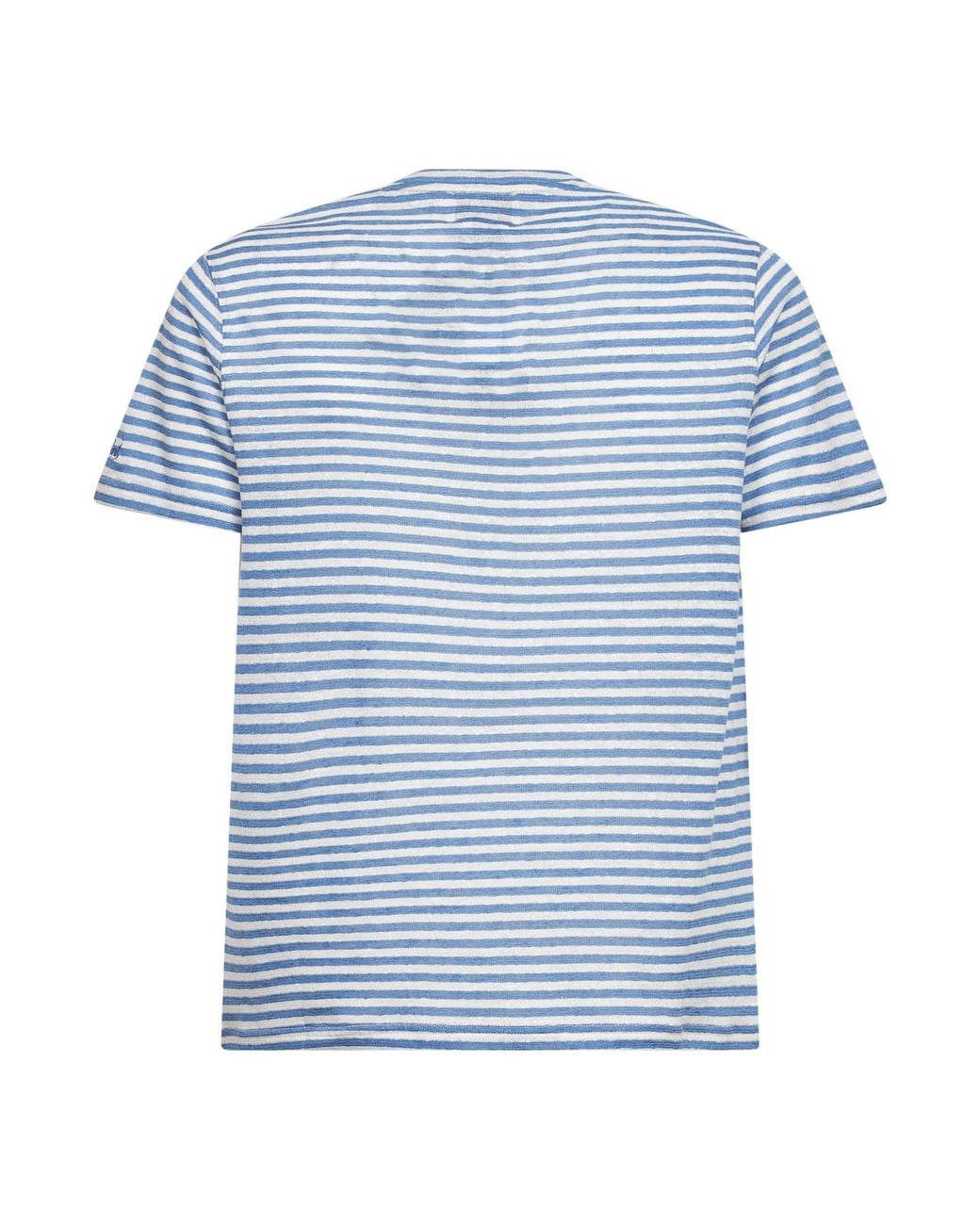Mc2 Saint Barth Blue Light And Cream Striped Linen Blend Logo Embroidered Dover T-Shirt for men