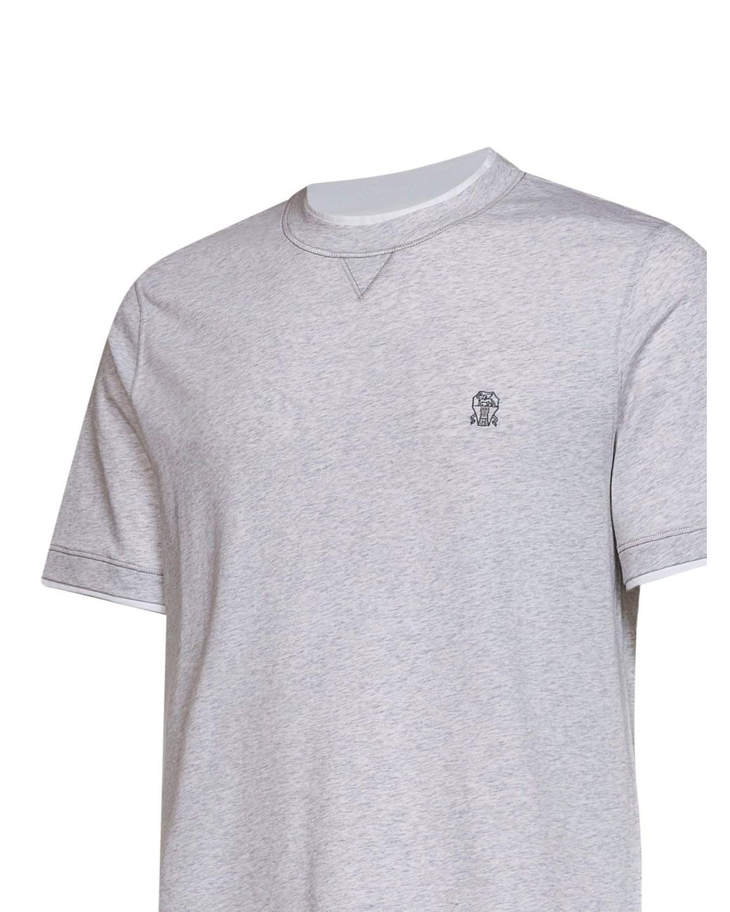 Brunello Cucinelli Gray Pearl Jersey Faux Layering Logo T-Shirt for men