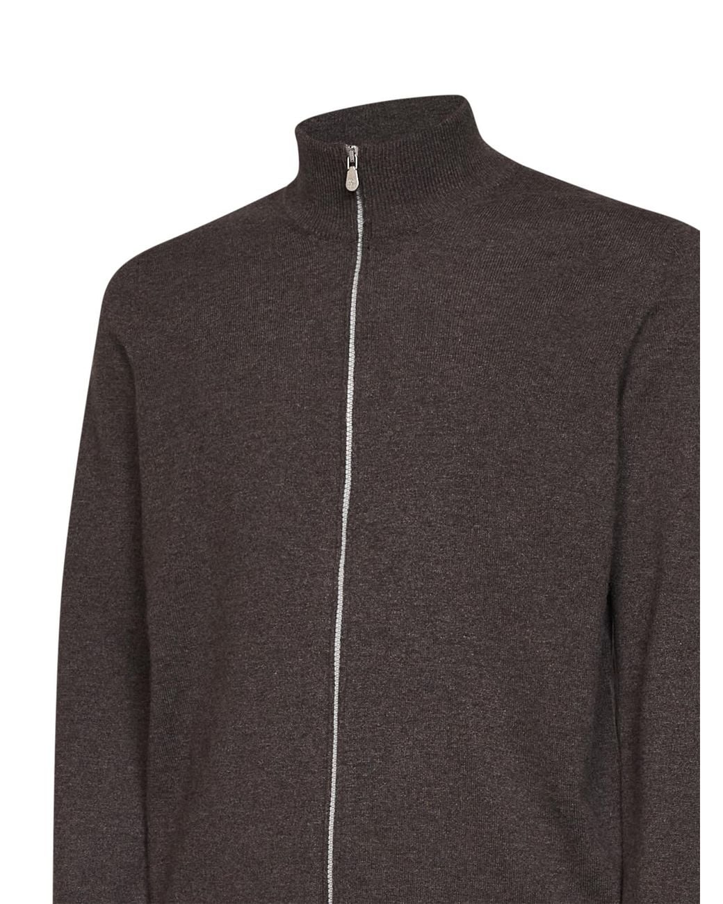 Brunello Cucinelli Brown Dark Cashmere Zip-Up High-Neck Cardigan for men