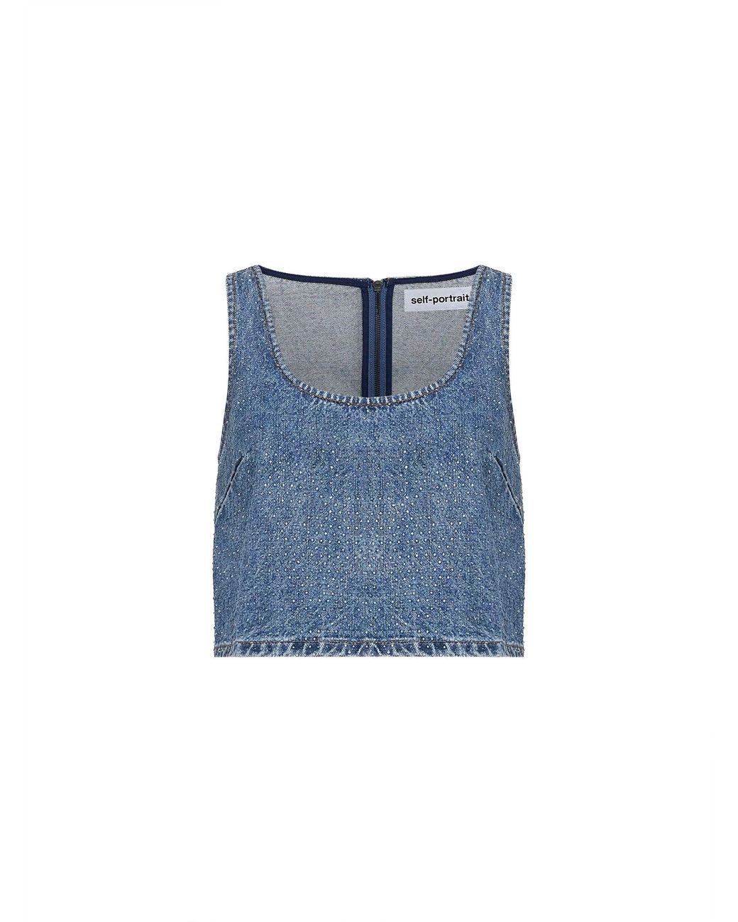 Self-Portrait Blue Self Portrait Rhinestone Denim Crop Top