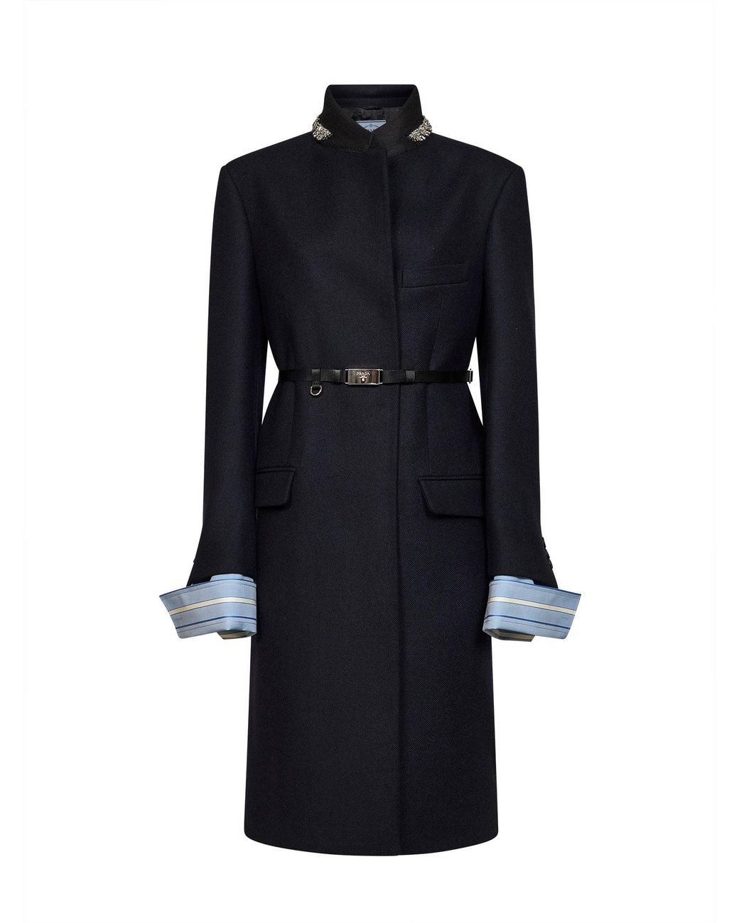Prada Abbigliamento Blue Virgin Wool Embroidered Belted Coat