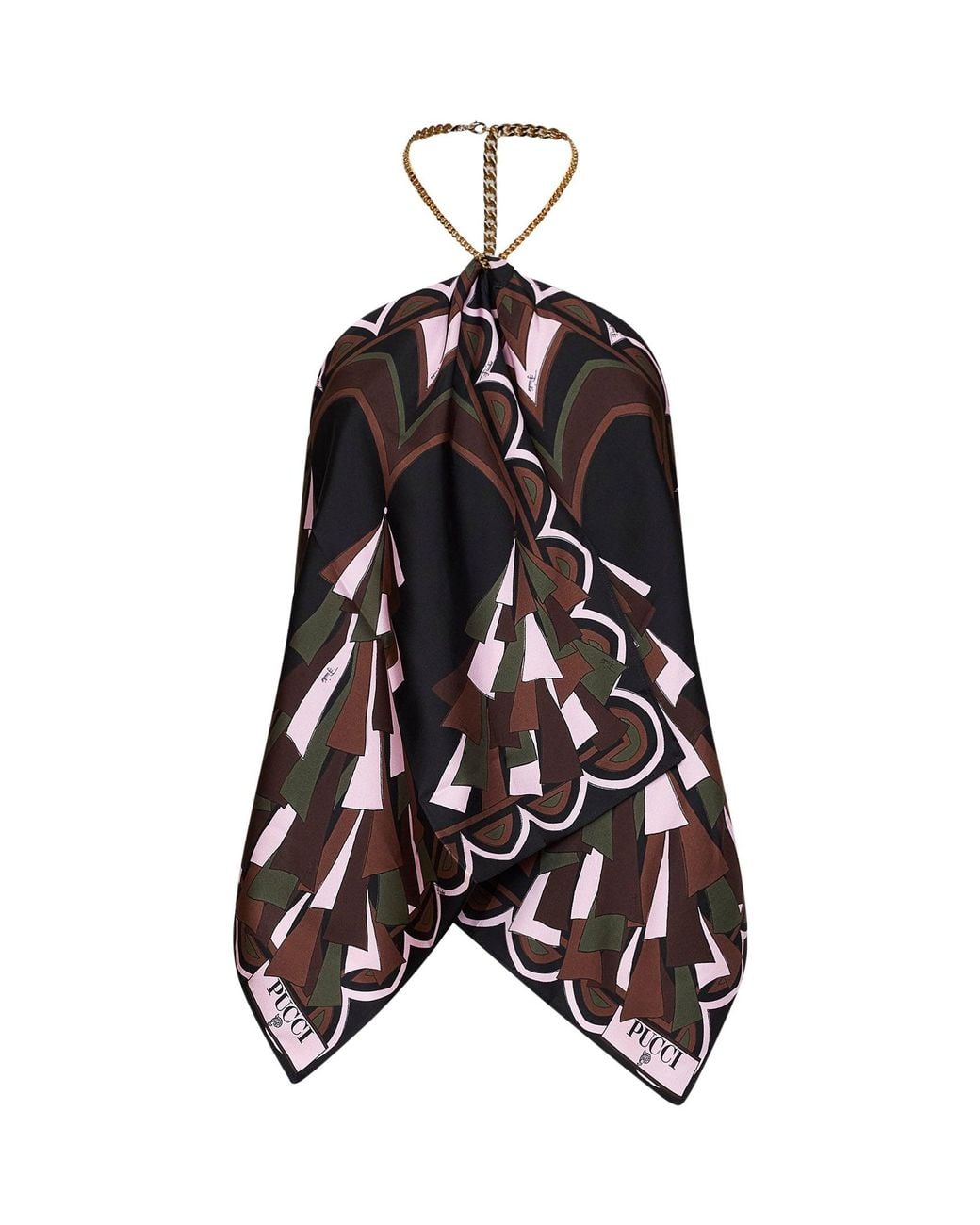 Emilio Pucci White Khaki And Baiadera-Print Silk Twill Chain Top