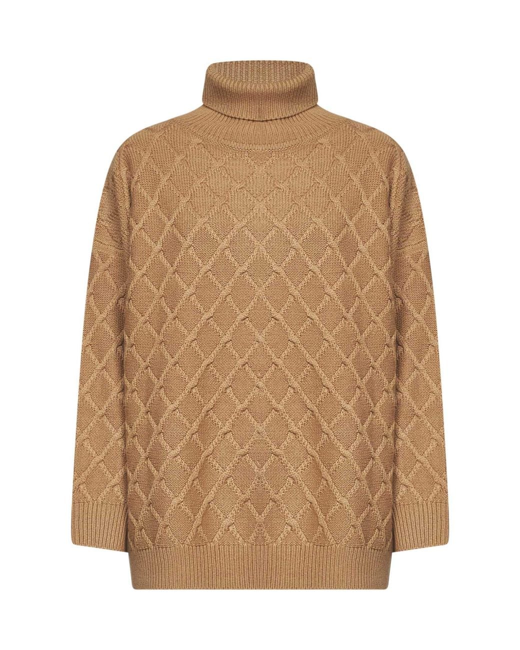 Max Mara Natural Camel Wool And Cashmere Knit Mxmbambola Oversized Turtleneck Sweater