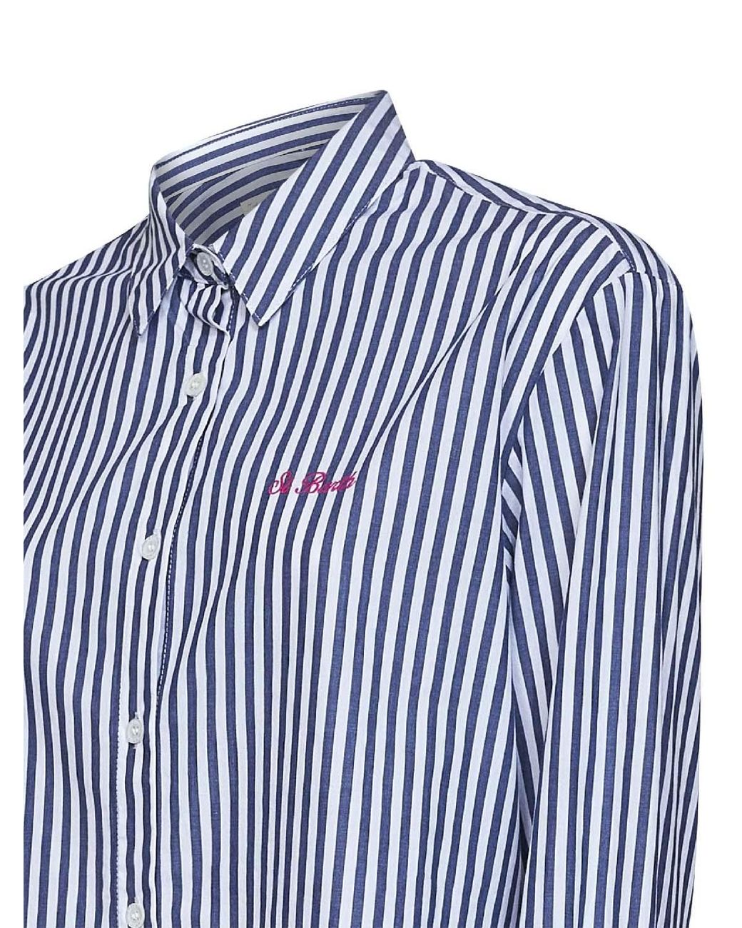 Mc2 Saint Barth Blue And Striped Cotton Brigitte Shirt With Print And Embroidery