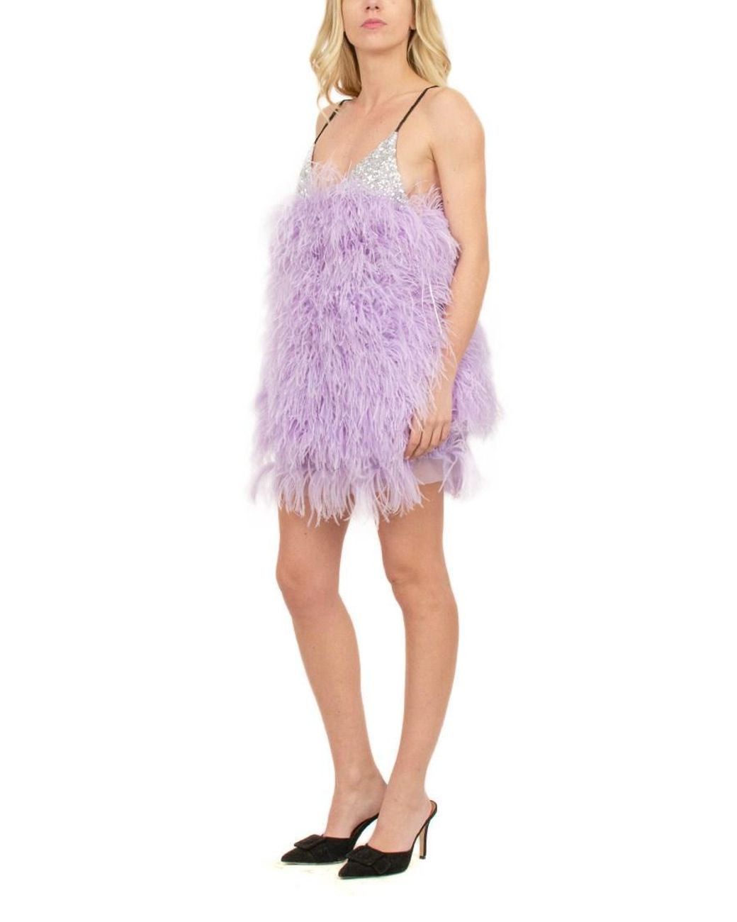 purple dress with feathers