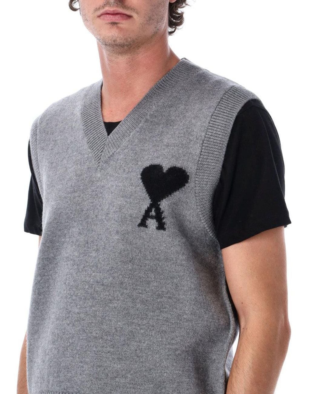 AMI Gray Felted Merino Wool Of Caur V-Neck Vest With Intarsia for men