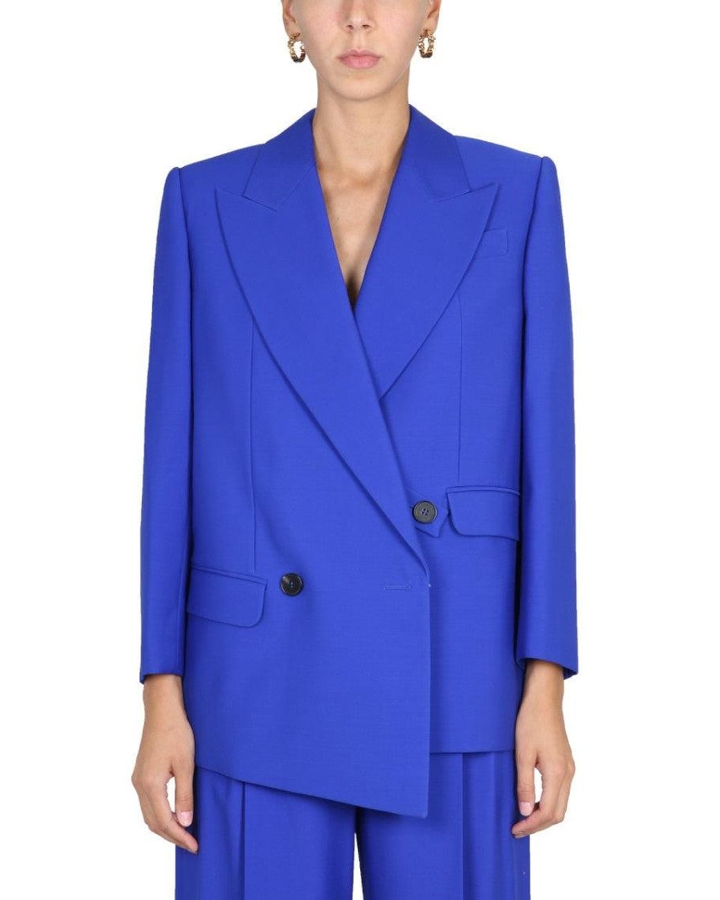 McQueen Blue Solid Peaked Lapel Blazer