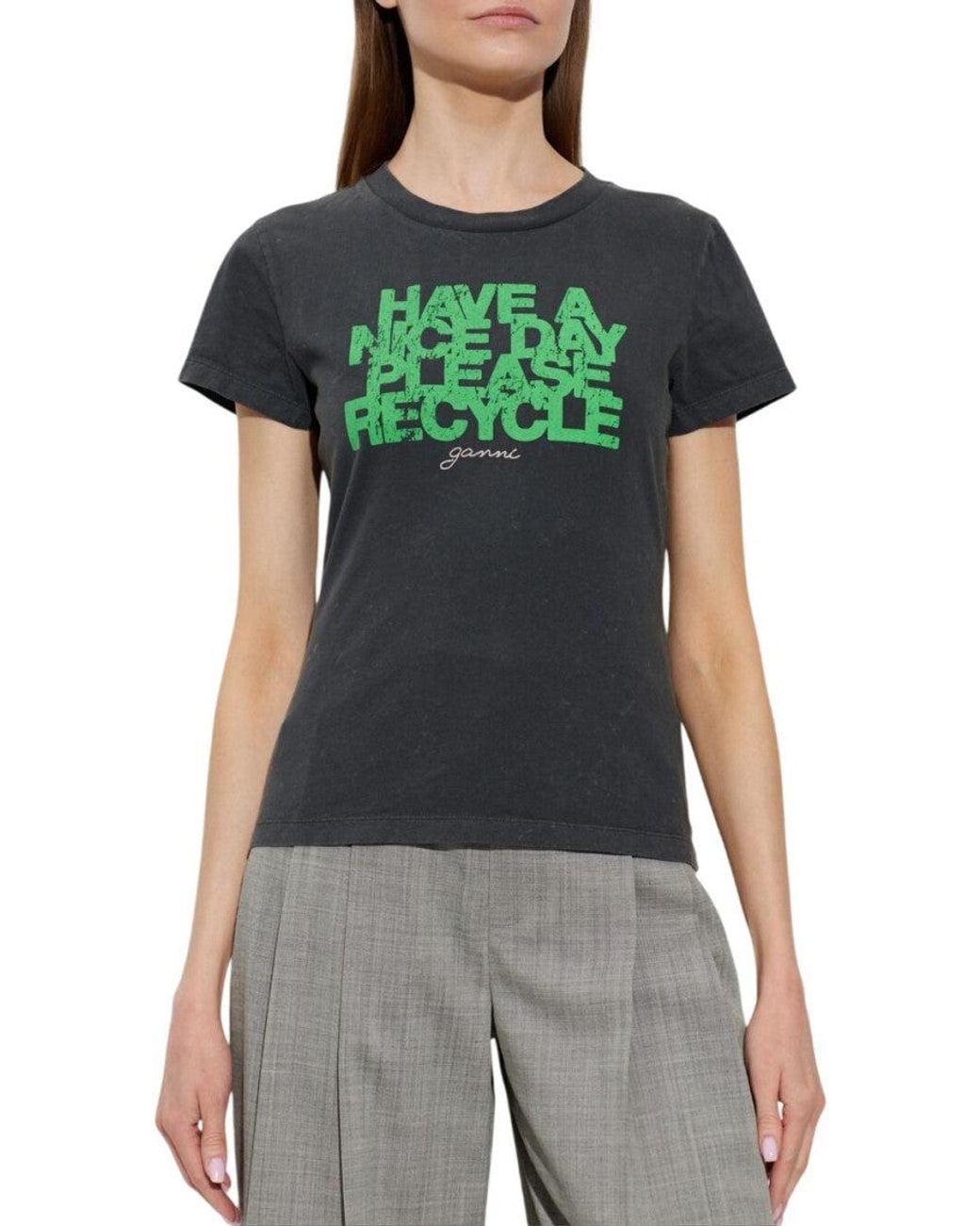 Ganni Green Graphic Crew Neck T-Shirt