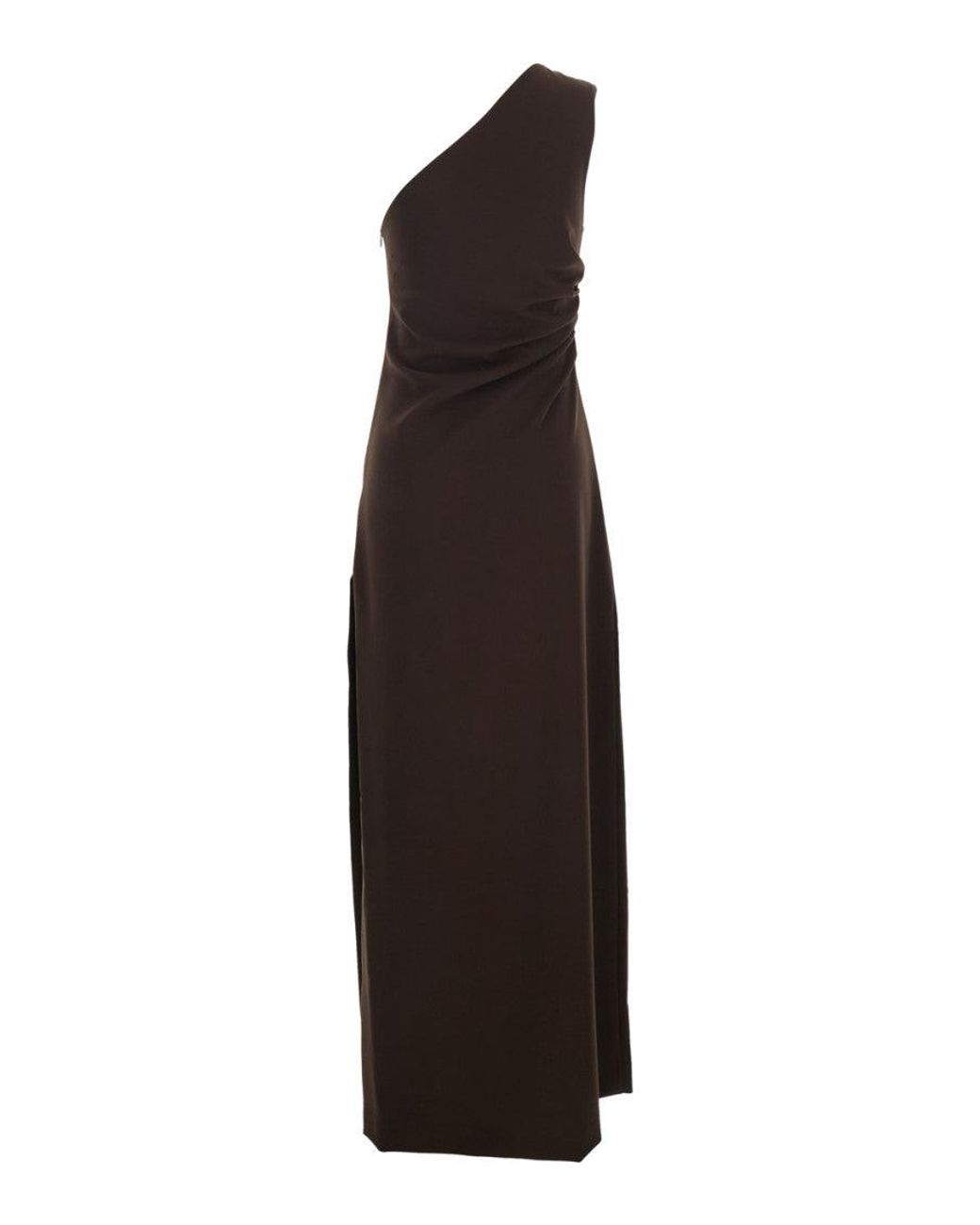 P.A.R.O.S.H. Brown One Shoulder Maxi Dress