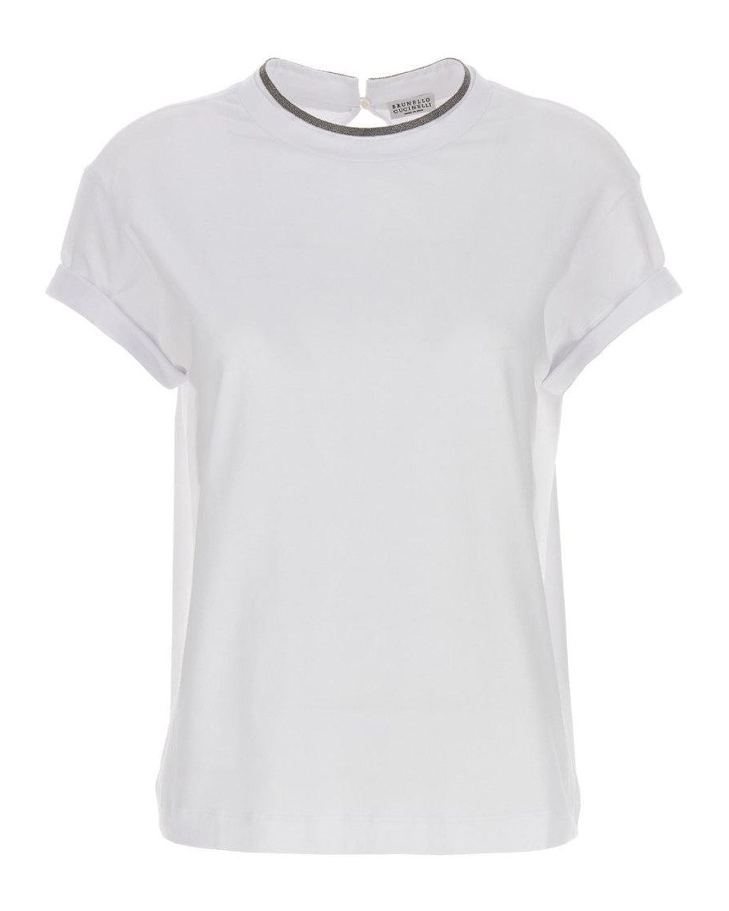 Brunello Cucinelli White Embellished Crew Neck T-Shirt