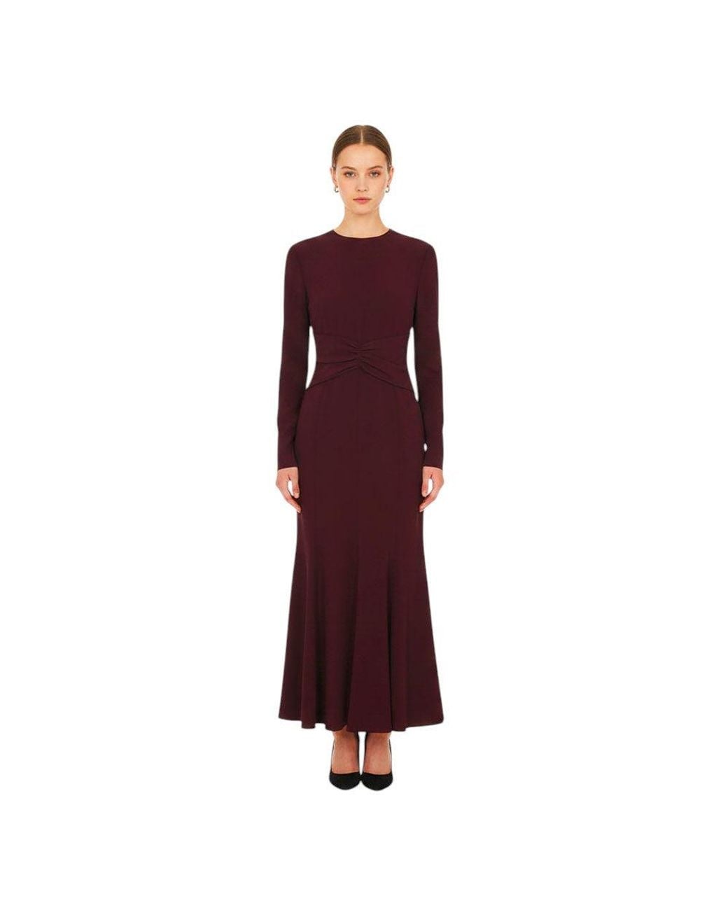 Alberta Ferretti Red Burgundy Crew Neck Midi Dress