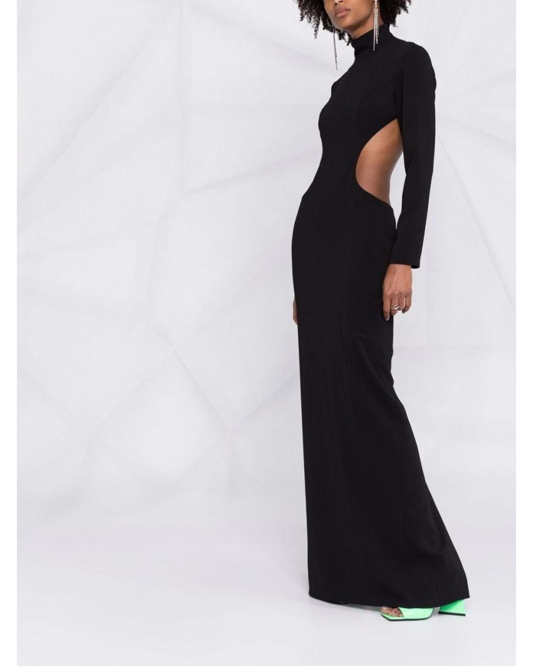 Monot Black Slit Detail Silk Crepe Long Dress