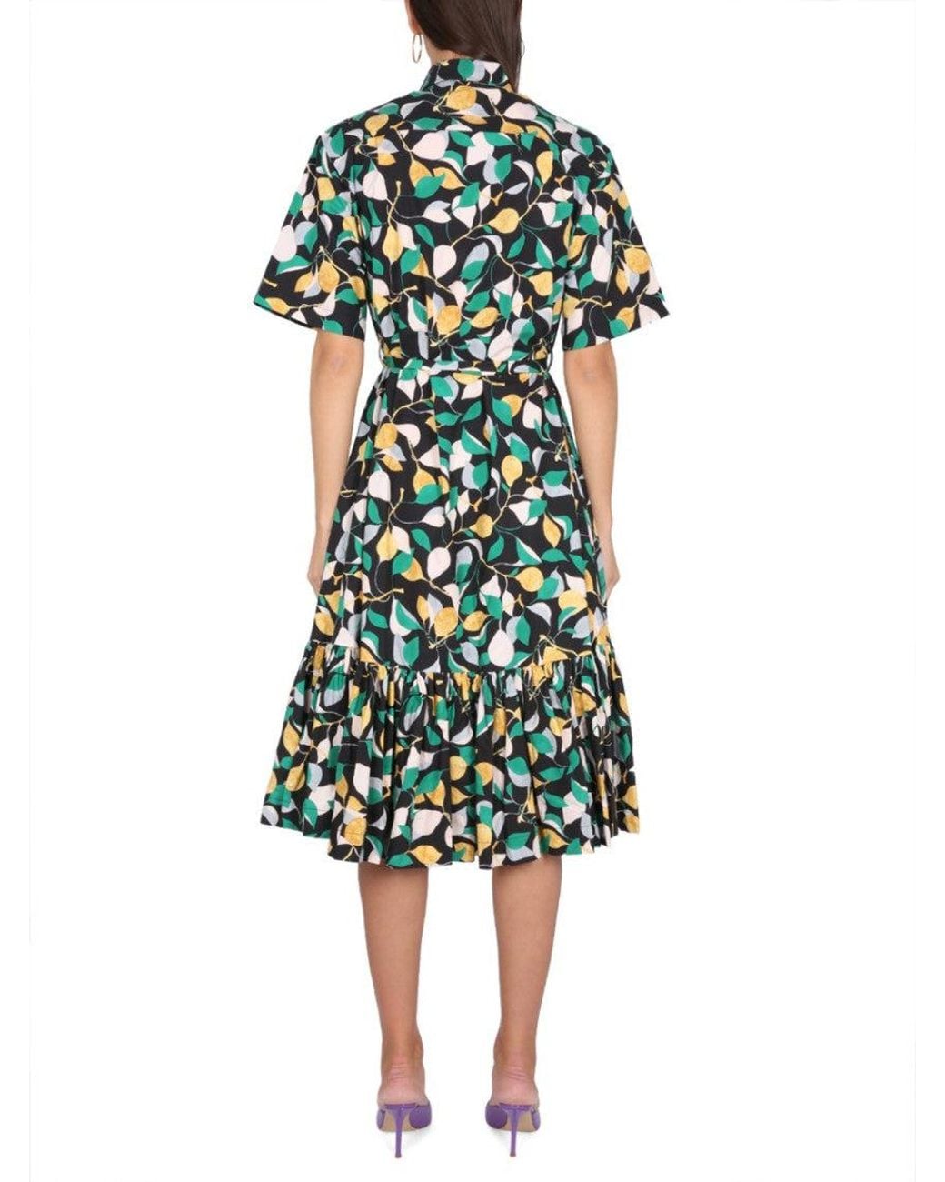 LaDoubleJ Green Printed Shirt Collar Midi Dress
