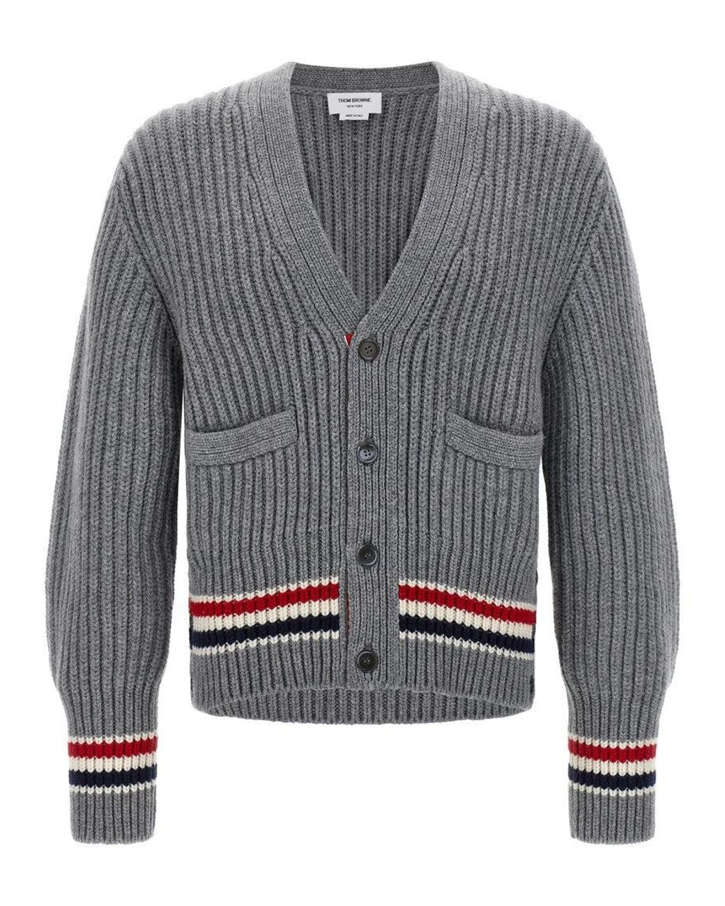 Thom Browne Gray Rwb Tape Cardigan for men