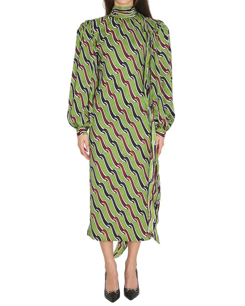 Gucci Green Printed Mock Collar Midi Dress
