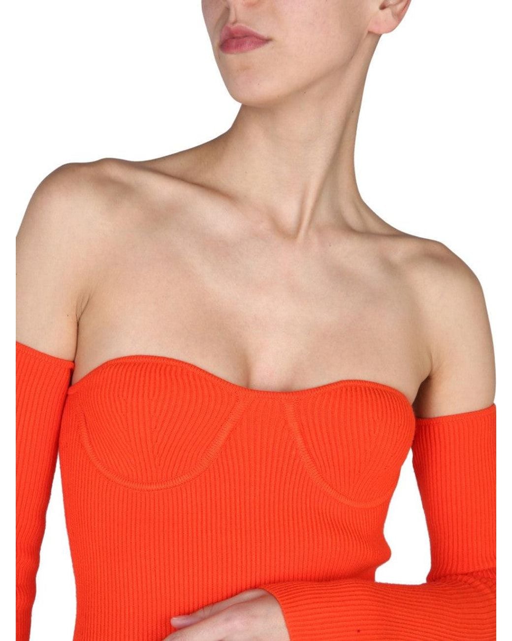 Helmut Lang Red Ribbed Off Shoulder Mini Dress