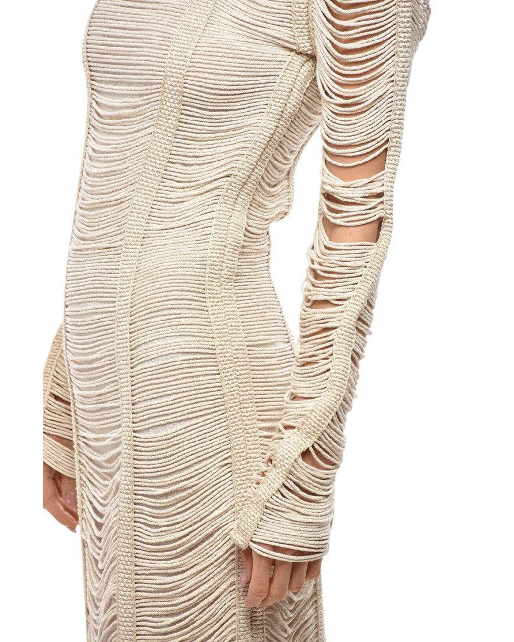 Balmain Natural Textured Mock Collar Maxi Dress