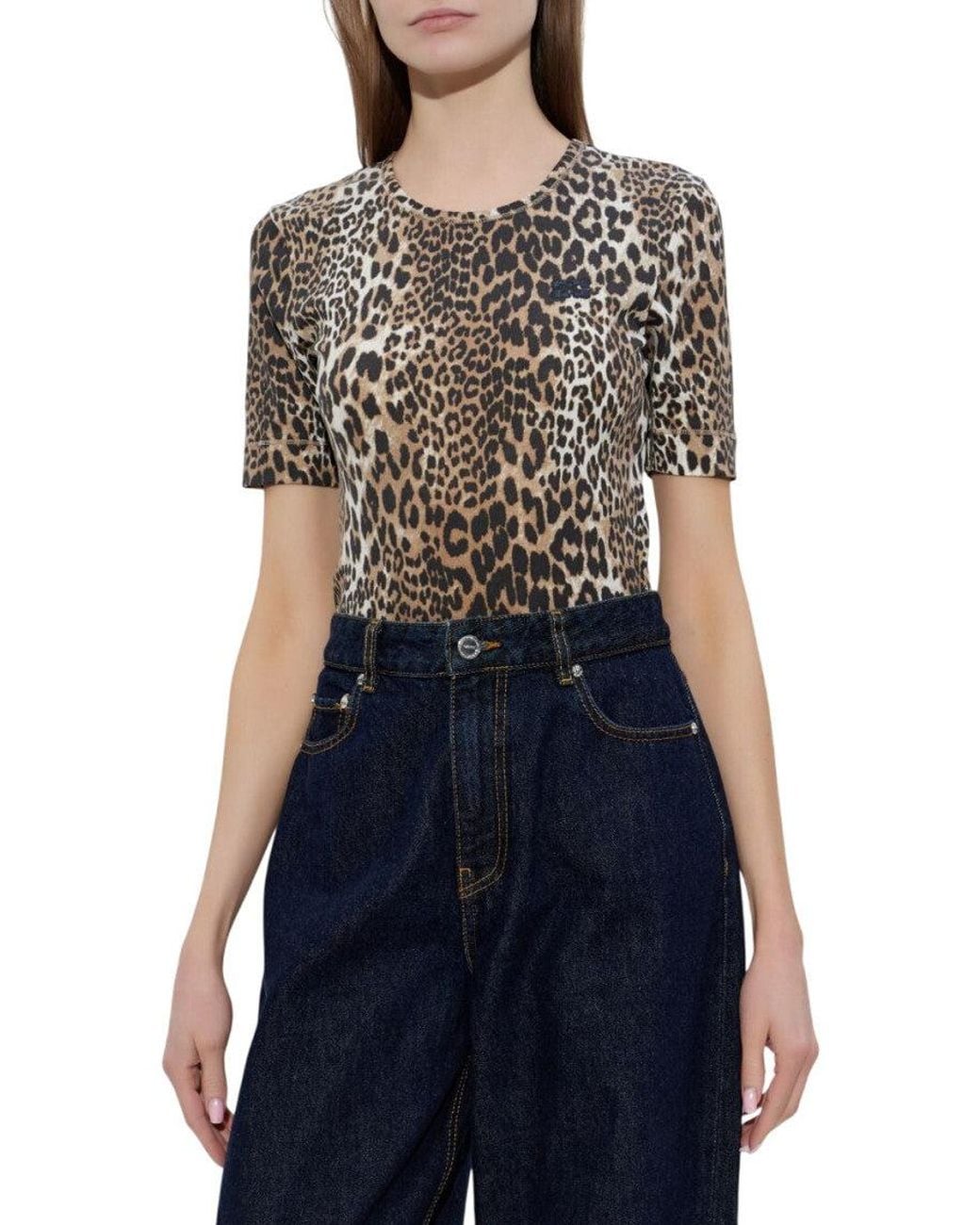 Ganni White Animal Print Crew Neck T-Shirt