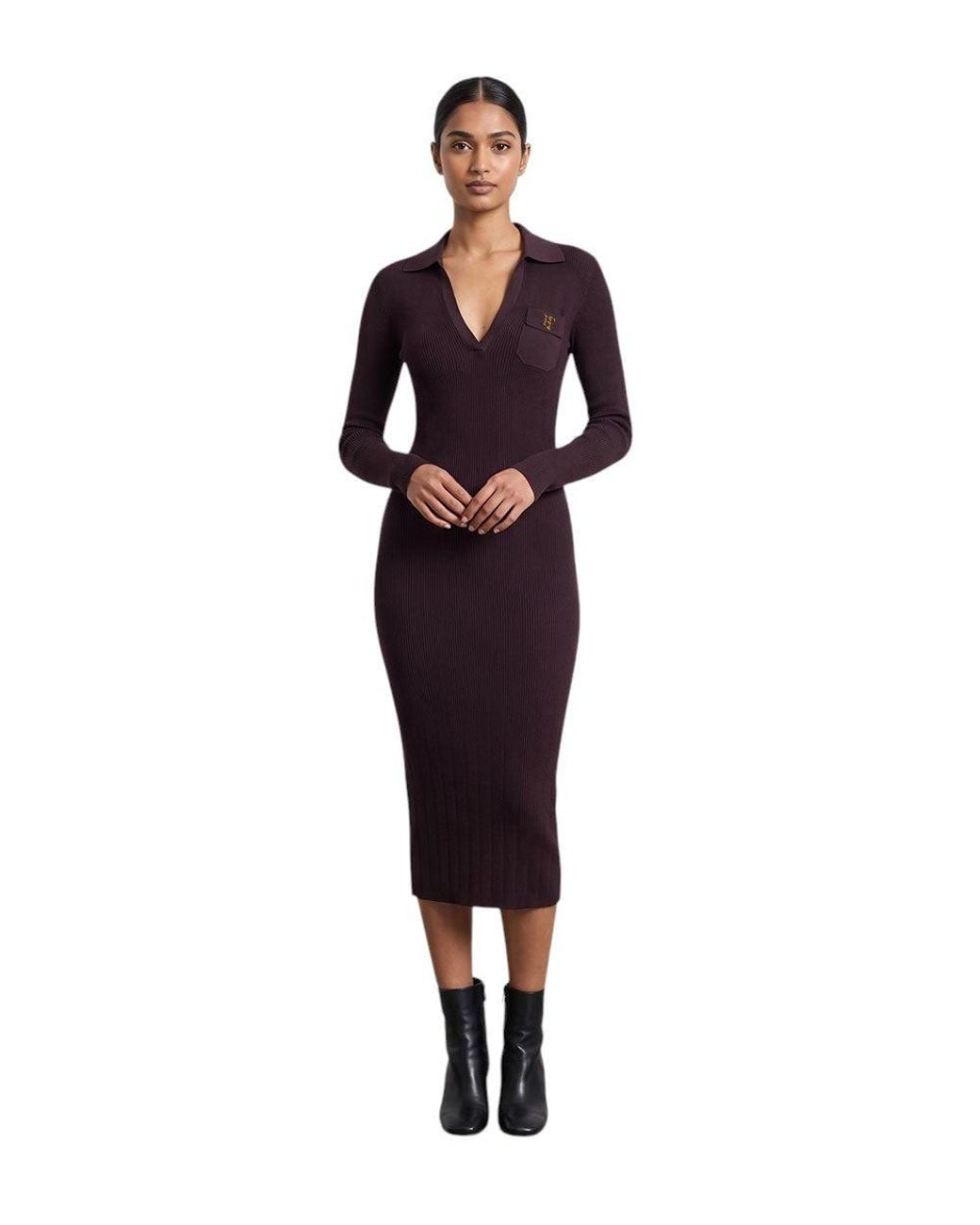 Elisabetta Franchi Brown Knitted V Neck Midi Dress