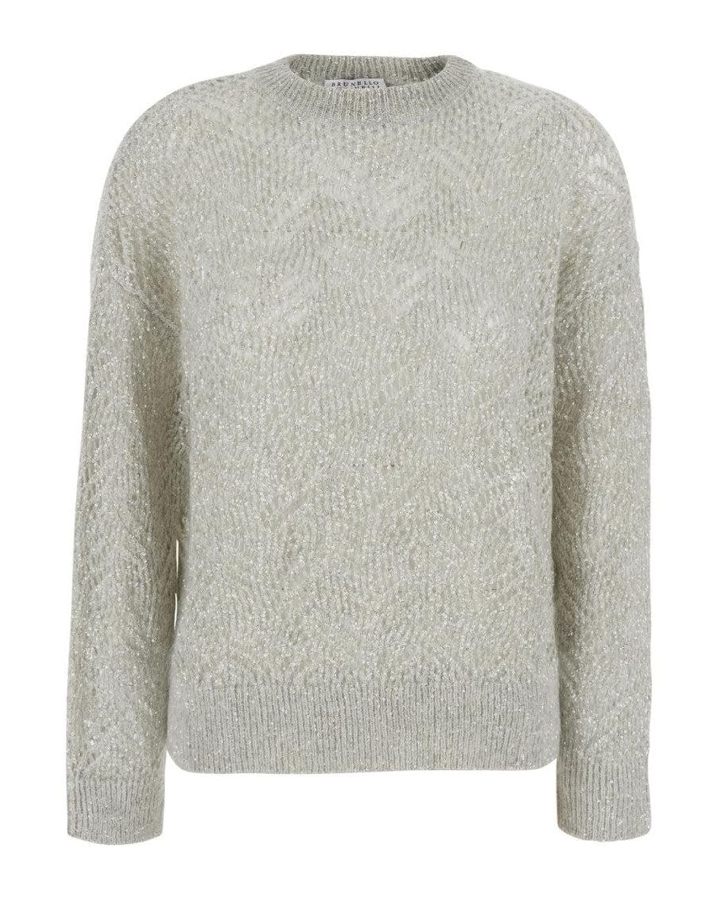 Brunello Cucinelli Gray Embellished Crew Neck Sweater