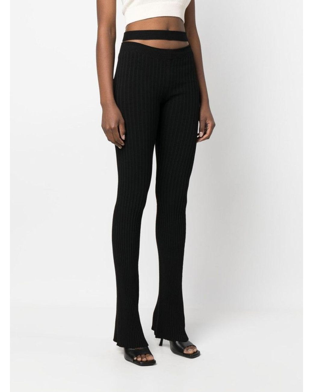 ANDREADAMO Black Ribbed Knit Cut-Out Flared Trousers