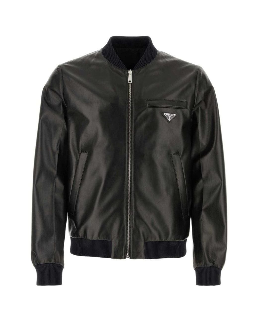 Prada Black Triangle Logo Leather Reversible Bomber Jacket for men