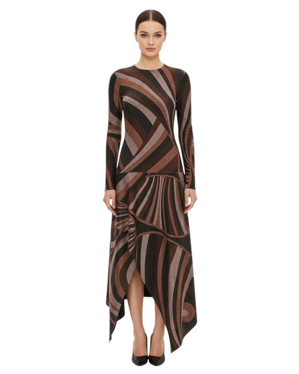 Emilio Pucci Brown Multicolour Round Neck Midi Dress