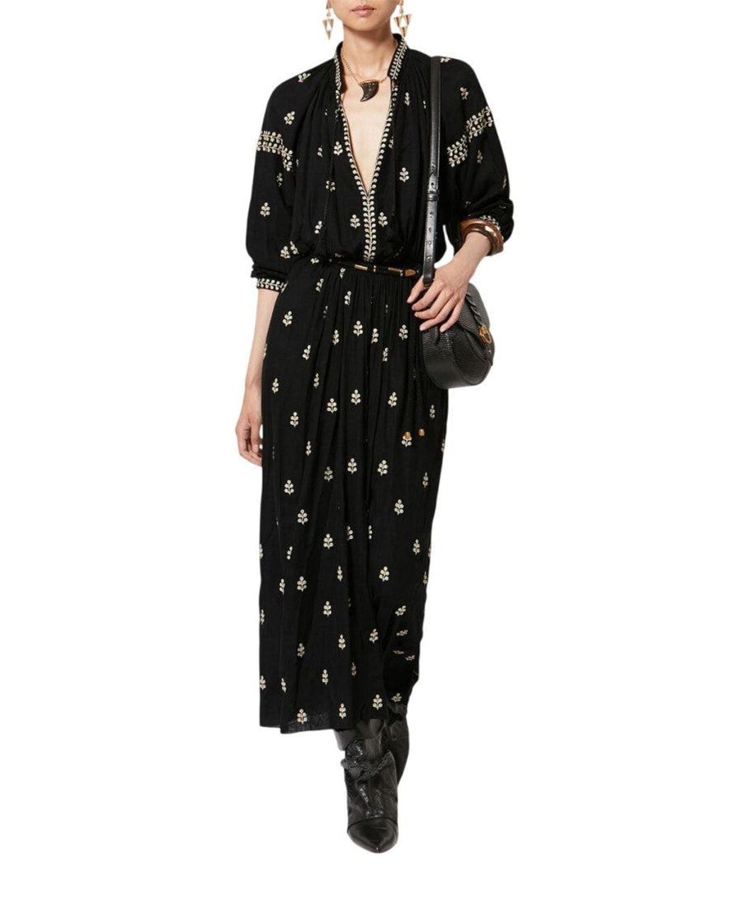 Isabel Marant Black Embroidered Band Collar Maxi Dress