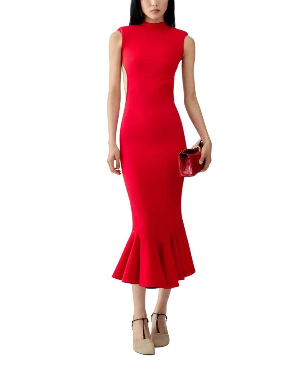 Jacquemus Red Mock Collar Midi Dress