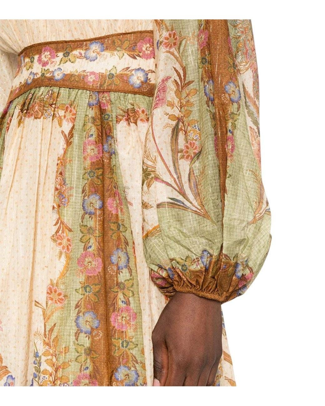 Zimmermann Natural Floral Round Neck Midi Dress