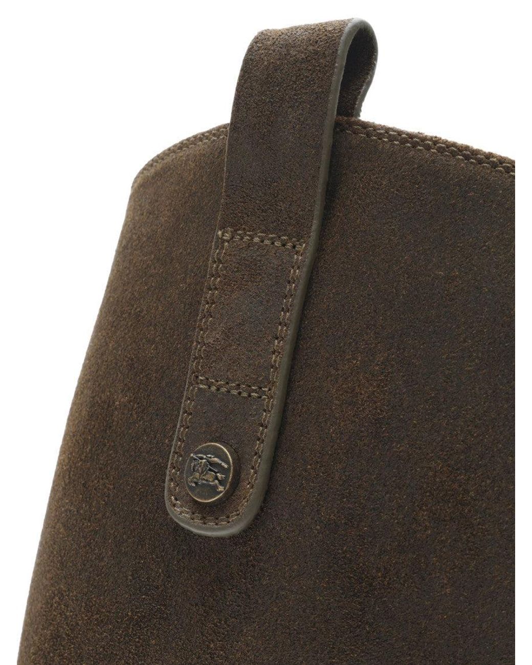 Burberry Brown Cavalier Knee-High Suede Boot With Ankle Buckle And Visible Stitching