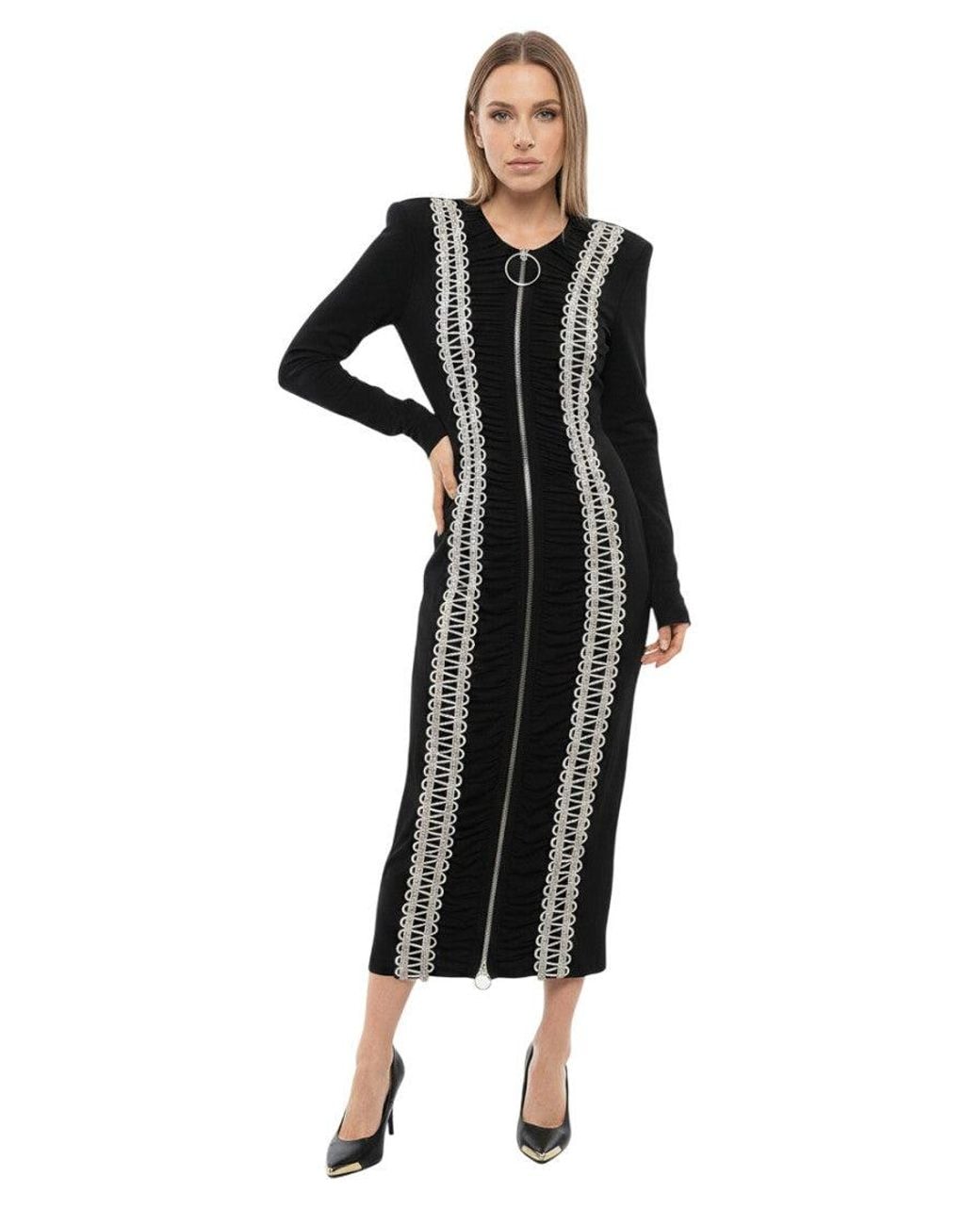 Balmain Black Embellished Round Neck Midi Dress