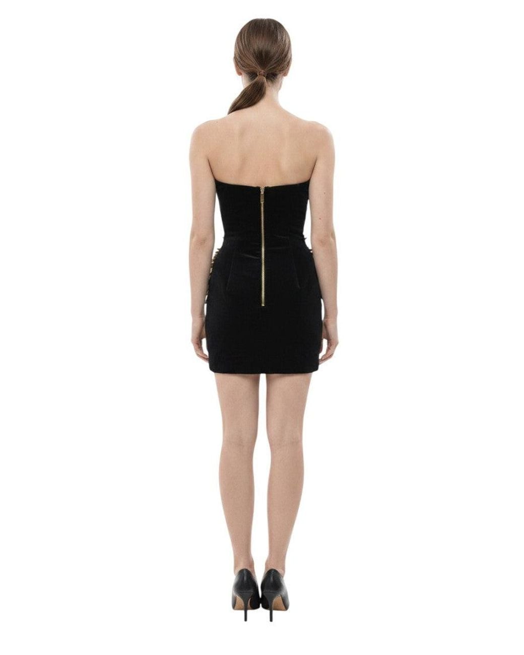 Balmain Natural Embellished Strapless Mini Dress