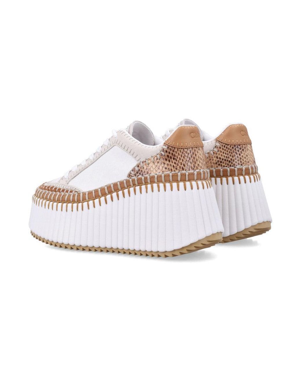 Chloé White Nama Wedge Platform Sneakers With Embossed Leather Inserts, Hand-Applied Welt Stitching (8 Cm Heel, 4.5 Cm Platform)
