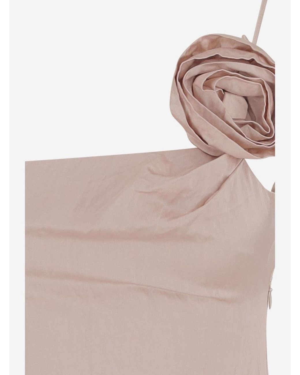 Blumarine Pink Crinkled Satin Dress With 3 D Rose