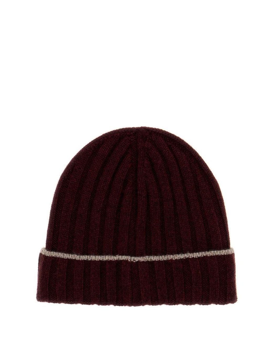 Brunello Cucinelli Red Burgundy Knitted Beanie Cap for men
