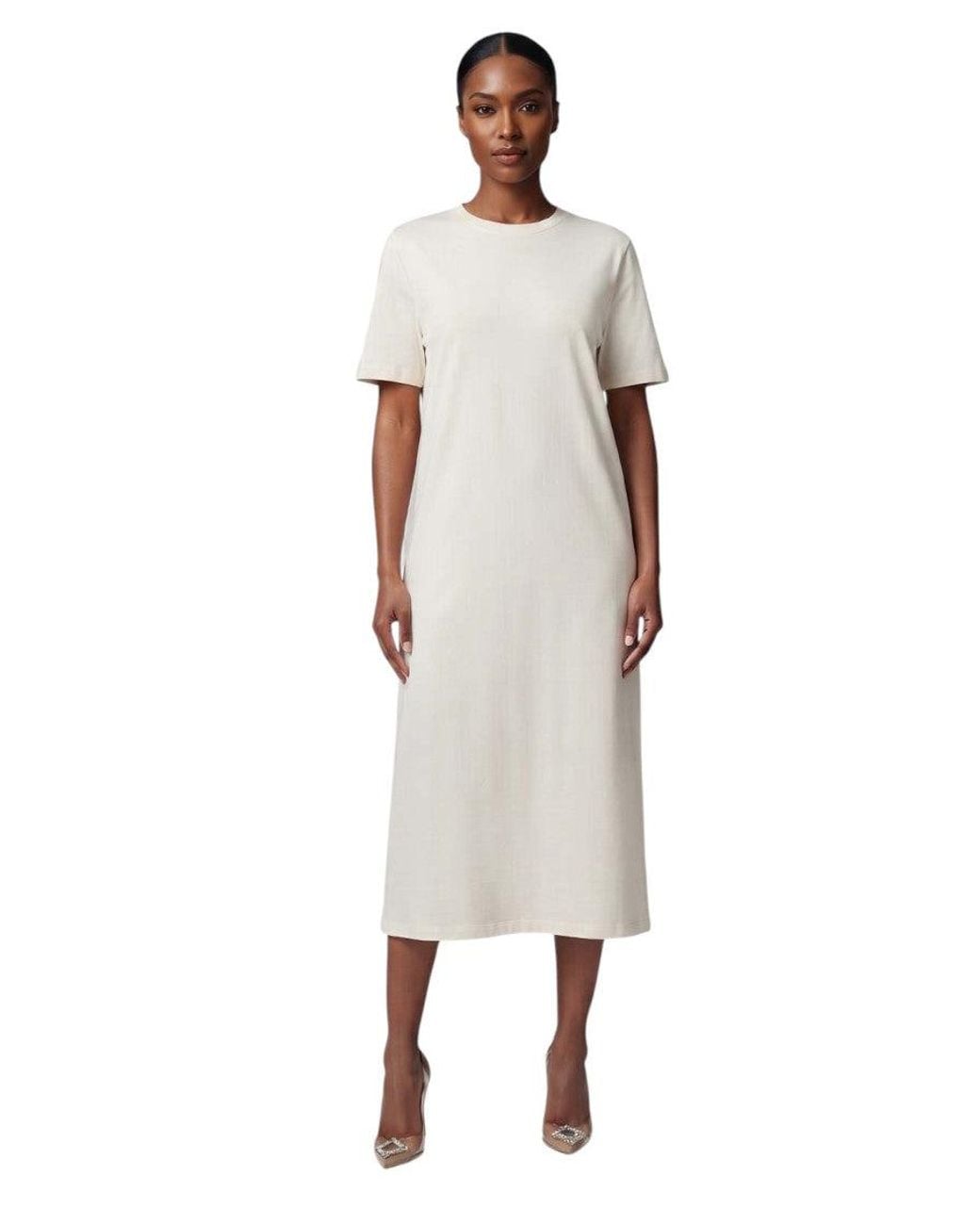 Woolrich White Solid Crew Neck Midi Dress