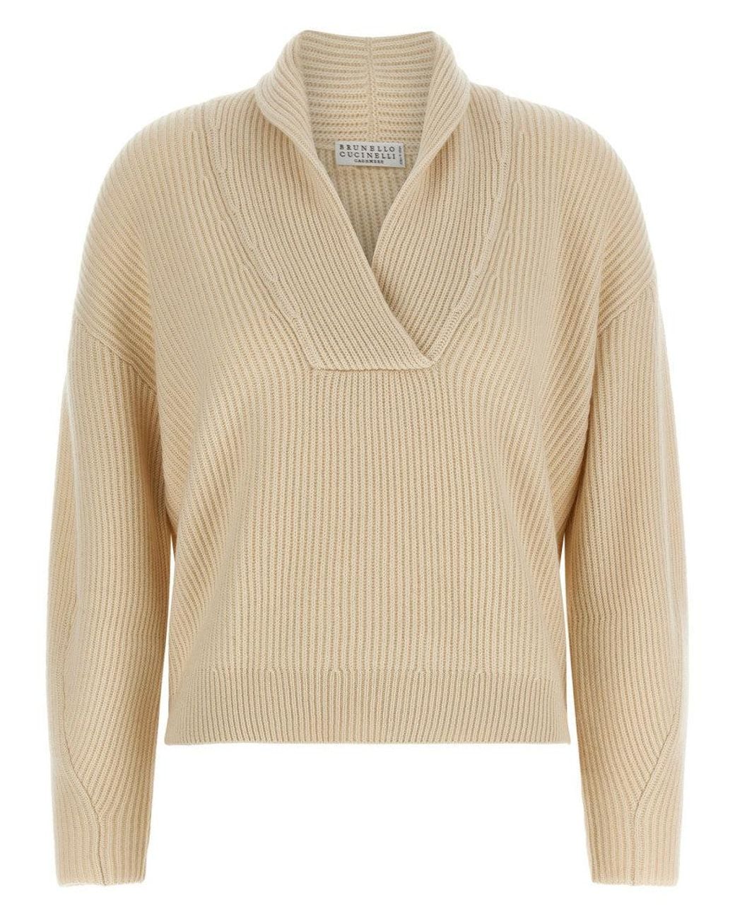 Brunello Cucinelli Natural Knitted Shawl Neck Sweater
