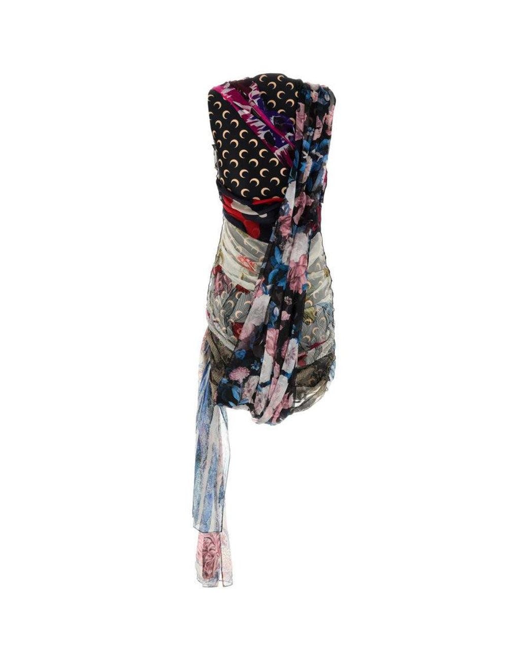 MARINE SERRE Black Silk Scarves Draped Dress